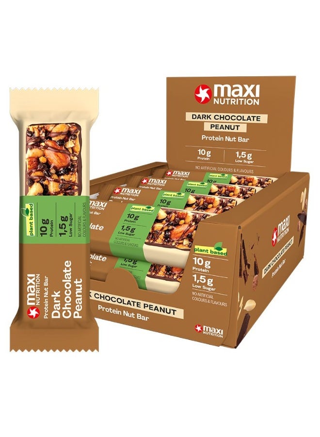 Maxi Nutrition Vegan Dark Chocolate Peanut Protein Nut Bar | With 10G Of Protein | Low Sugar, High Fiber | Plant Based | Pack of 12 X 46g Each - Image 1